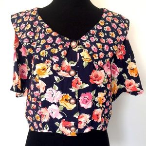 Vintage 90s Crop Top Rayon Floral Button Up Medium